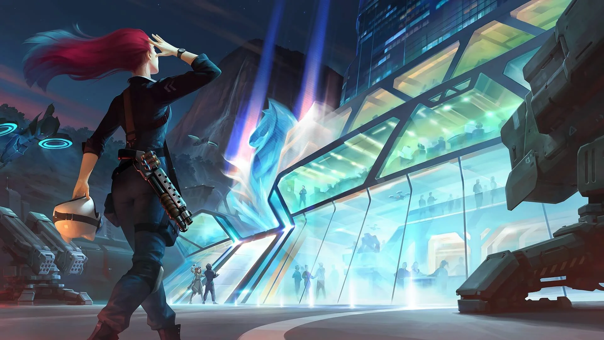 A scout overlooking a neon-lit arena complex at night — UltraHorse key art