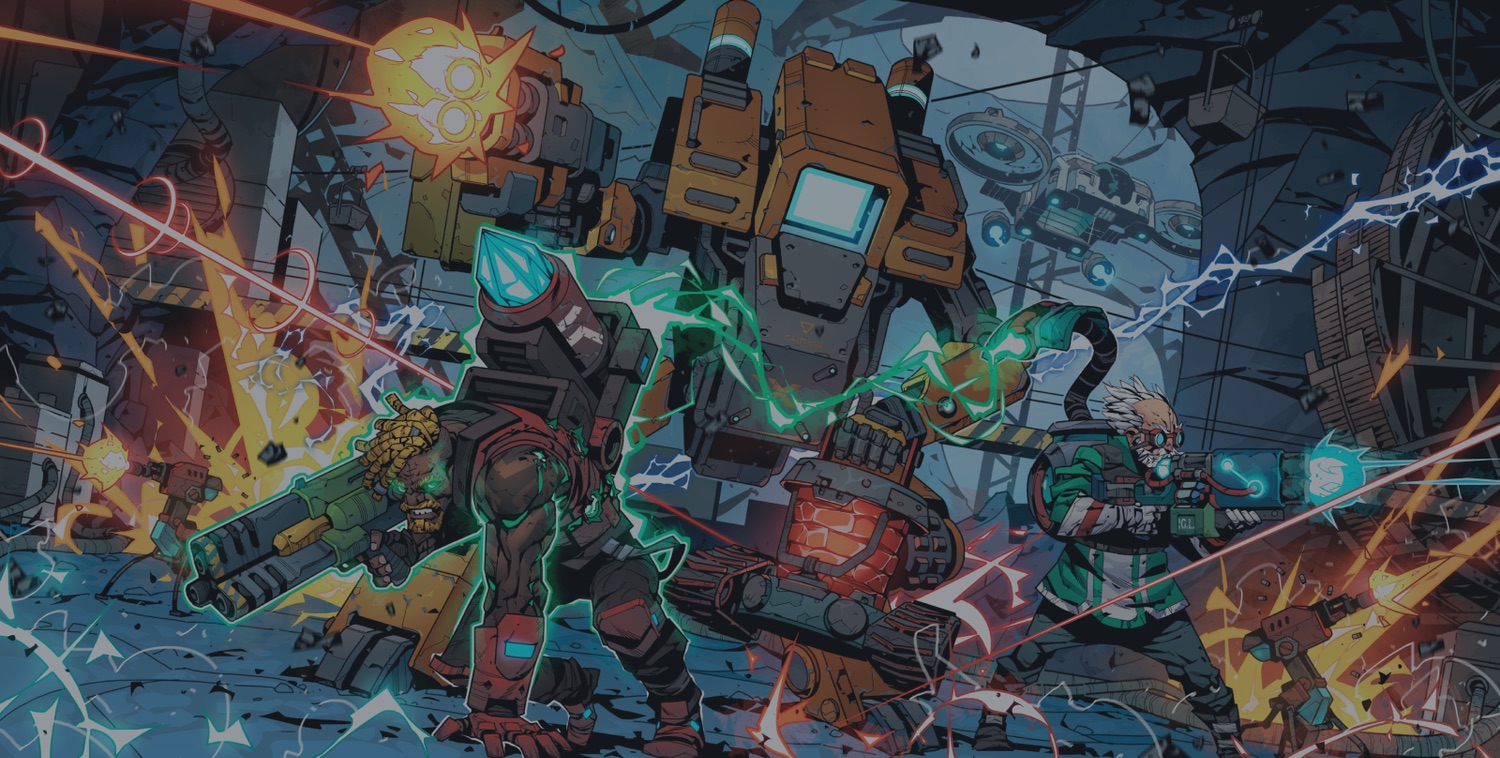SquadBlast key art — three fighters mid-battle in a ruined industrial arena